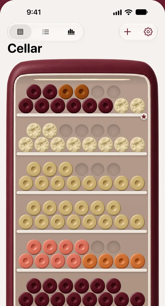 A wine fridge, row by row