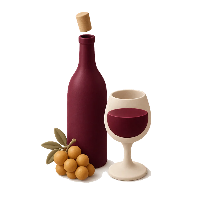 A bottle of red wine with its cork lifted, a glass and a bunch of grapes
