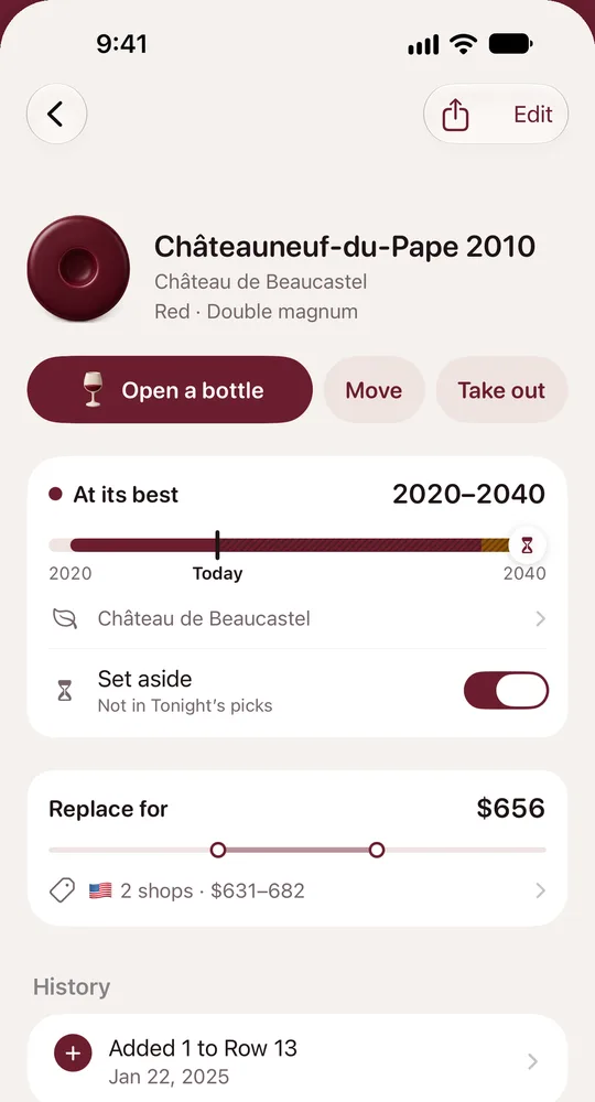 A wine’s page with its drinking window